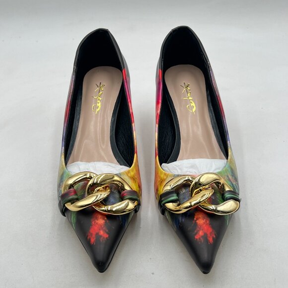 XYD Flame Fog Low Heel Pointed Toe Pumps with Metal Chain Solid Golden Heel Shoe - Picture 3 of 8